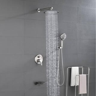 FLG Wall Mount Single-Handle 7-Spray Tub and Shower Faucet with 10 in. Rain Shower Head in Brushed Nickel (Valve Included) SS-0055-BN-10