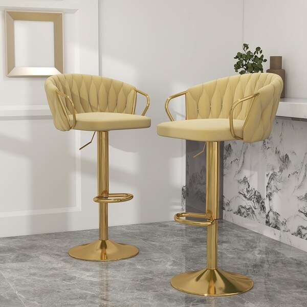 Set of 2 Bar Stool Adjustable Height Swivel Velvet Woven