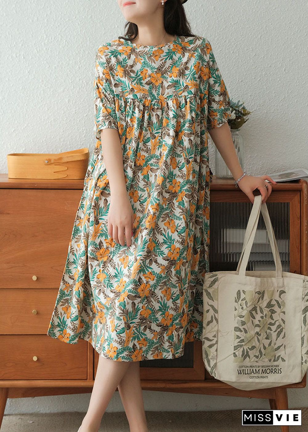 Yellow Print Cotton Vacation Dresses Wrinkled Short Sleeve