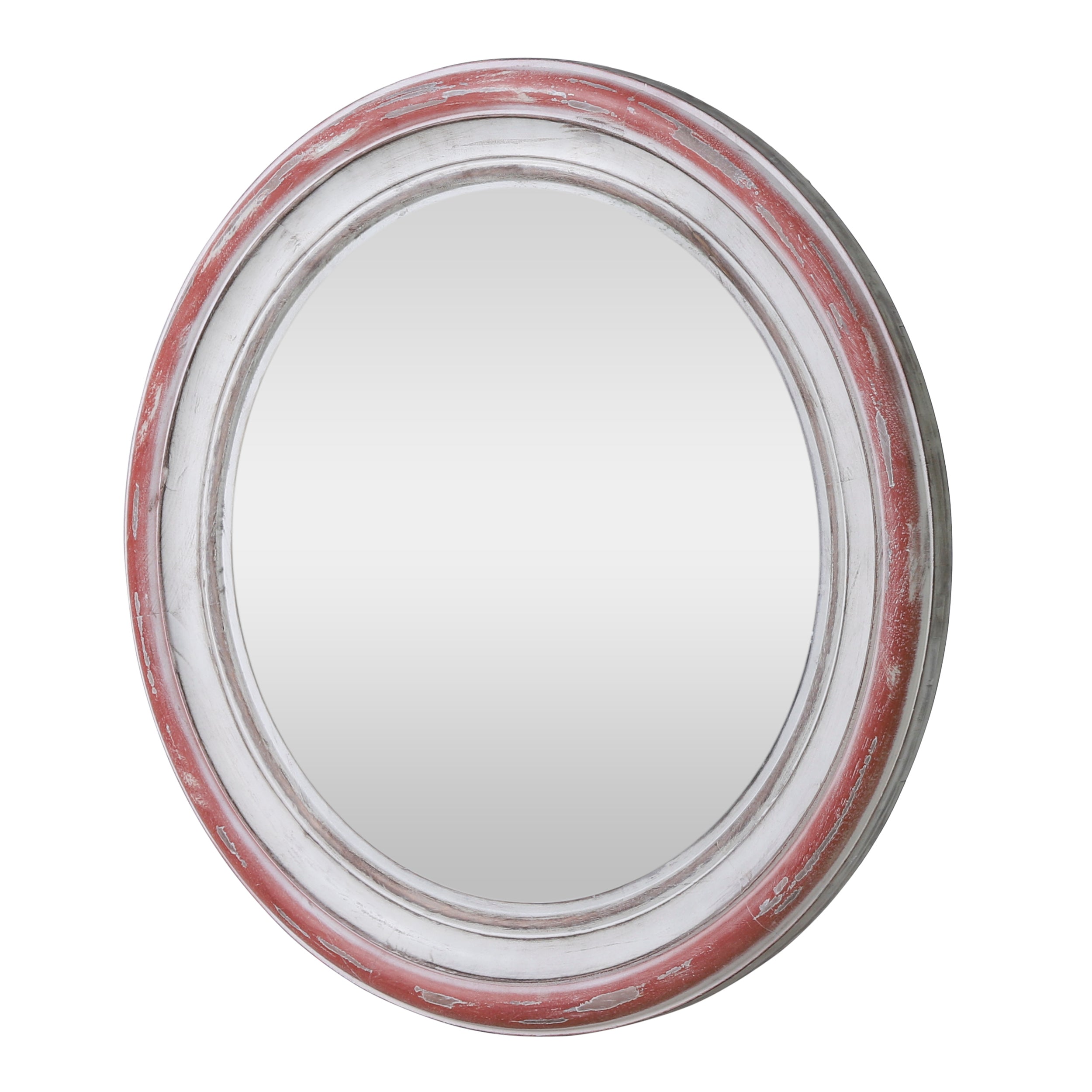 Cosby Camak Boho Wood Round Mirror, Weathered White and Red