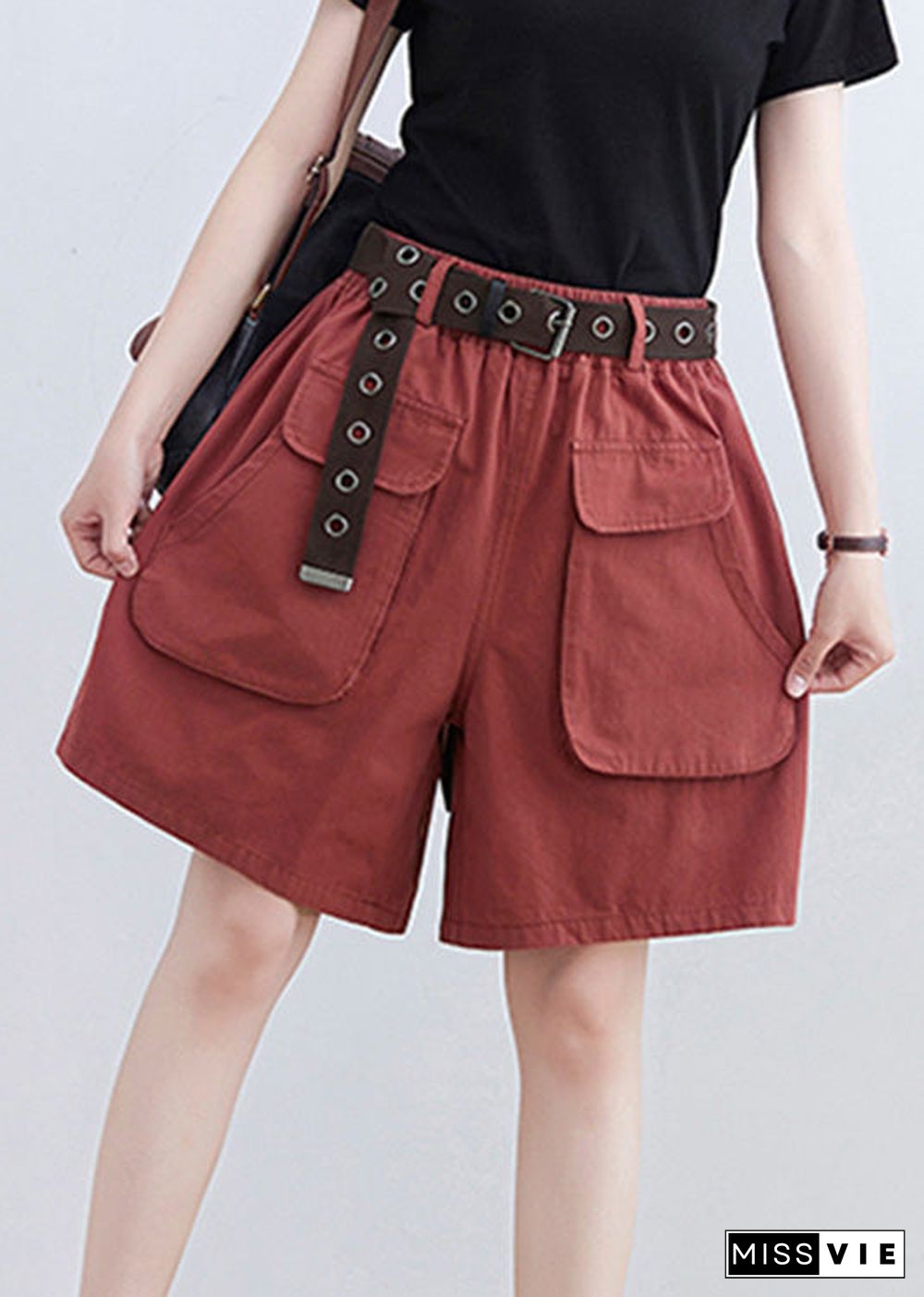 Red Pockets Elastic Waist Wide Leg Shorts