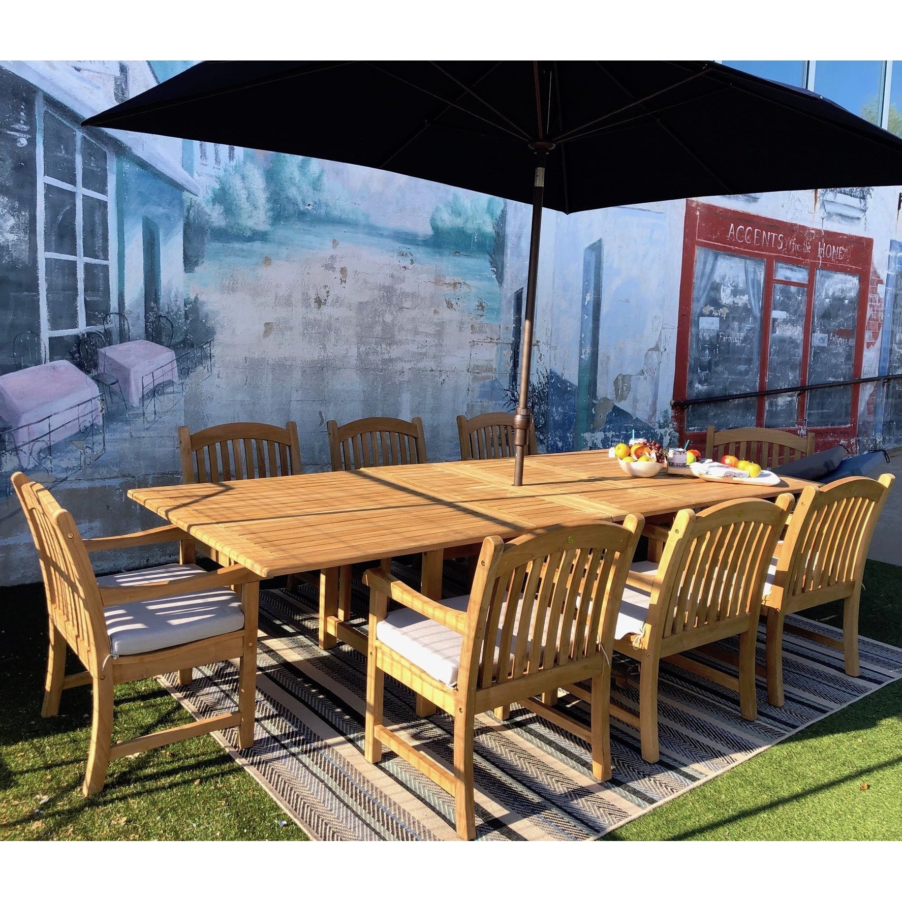 Teak Banquet 9pc Outdoor Dining Set (Teak Extendable Table 88-118 with 8 Teak Tista Arnchairs +FREE Cushions)