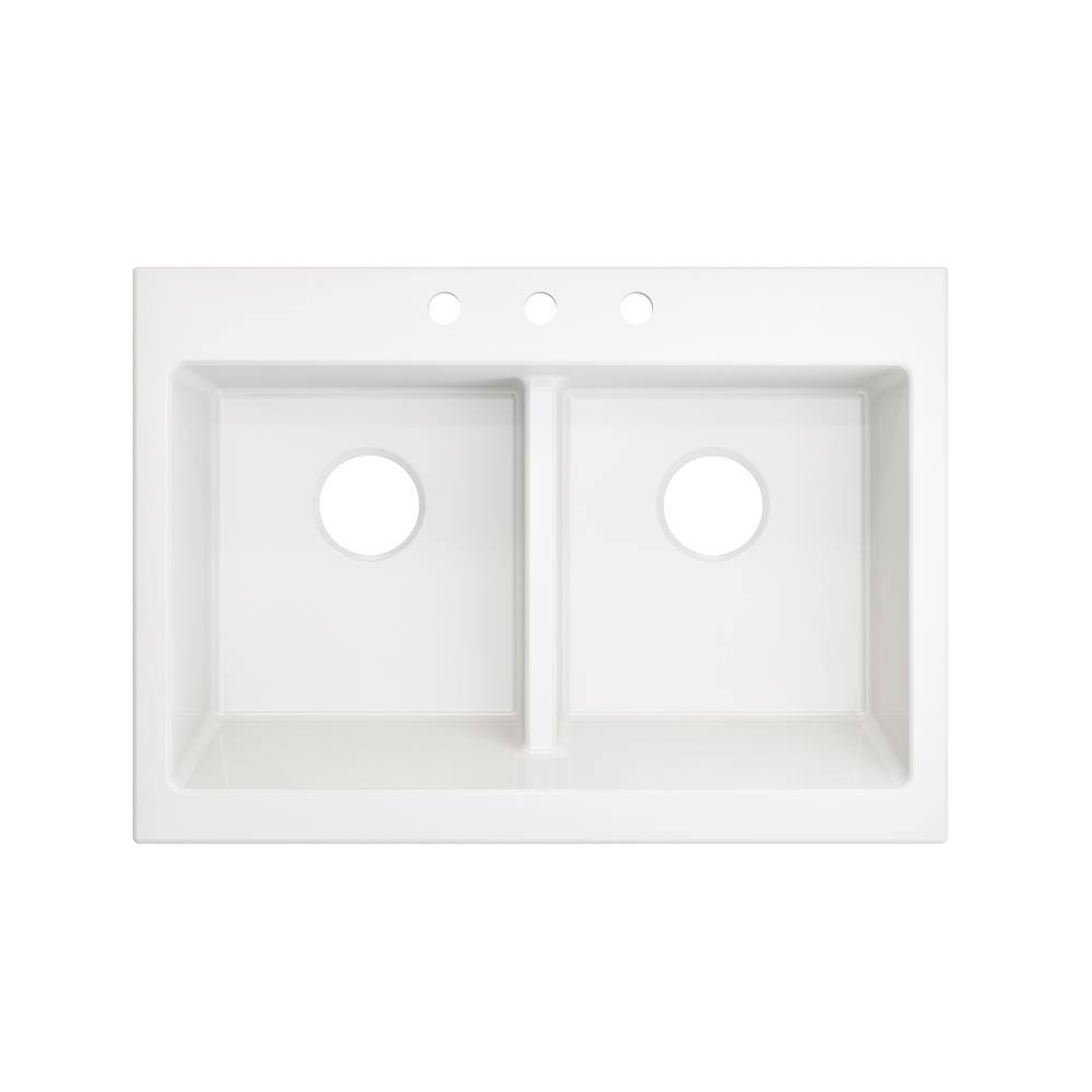 Glacier Bay Farmhouse Apron-Front Fireclay 34 in. 3-Hole Double Bowl Kitchen Sink in White with Bottom Grid 3ABRB-01-001