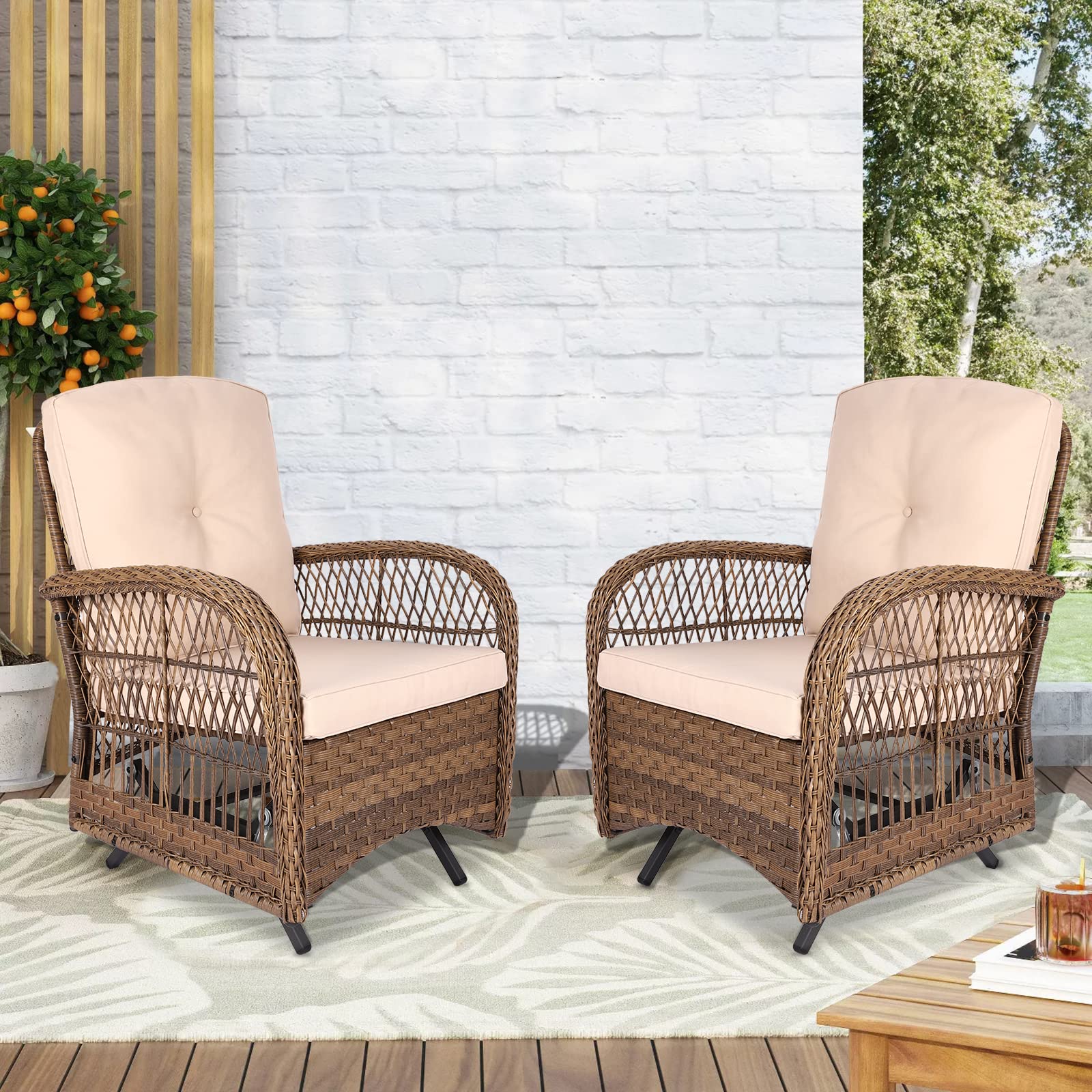 VIVIJASON 2-Piece Patio Wicker Rattan Glider Rocker Chair, Outdoor Rattan Glider Chair with Cushions & Steel Frame, All-Weather Gliding Lawn Wicker Furniture for Garden Backyard Porch