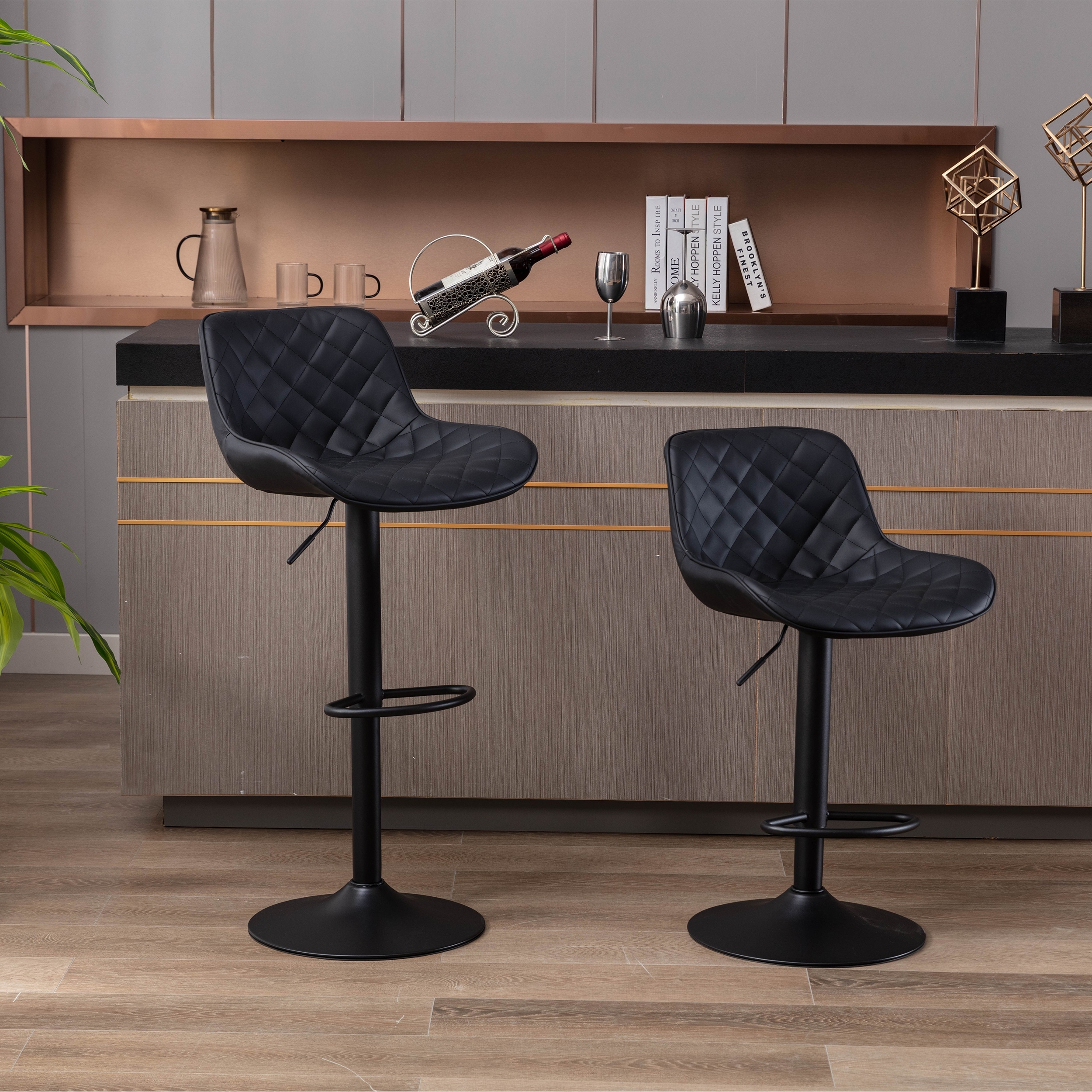 Set of 2 Bar Stools，Black Footrest and Base Swivel Height Adjustable