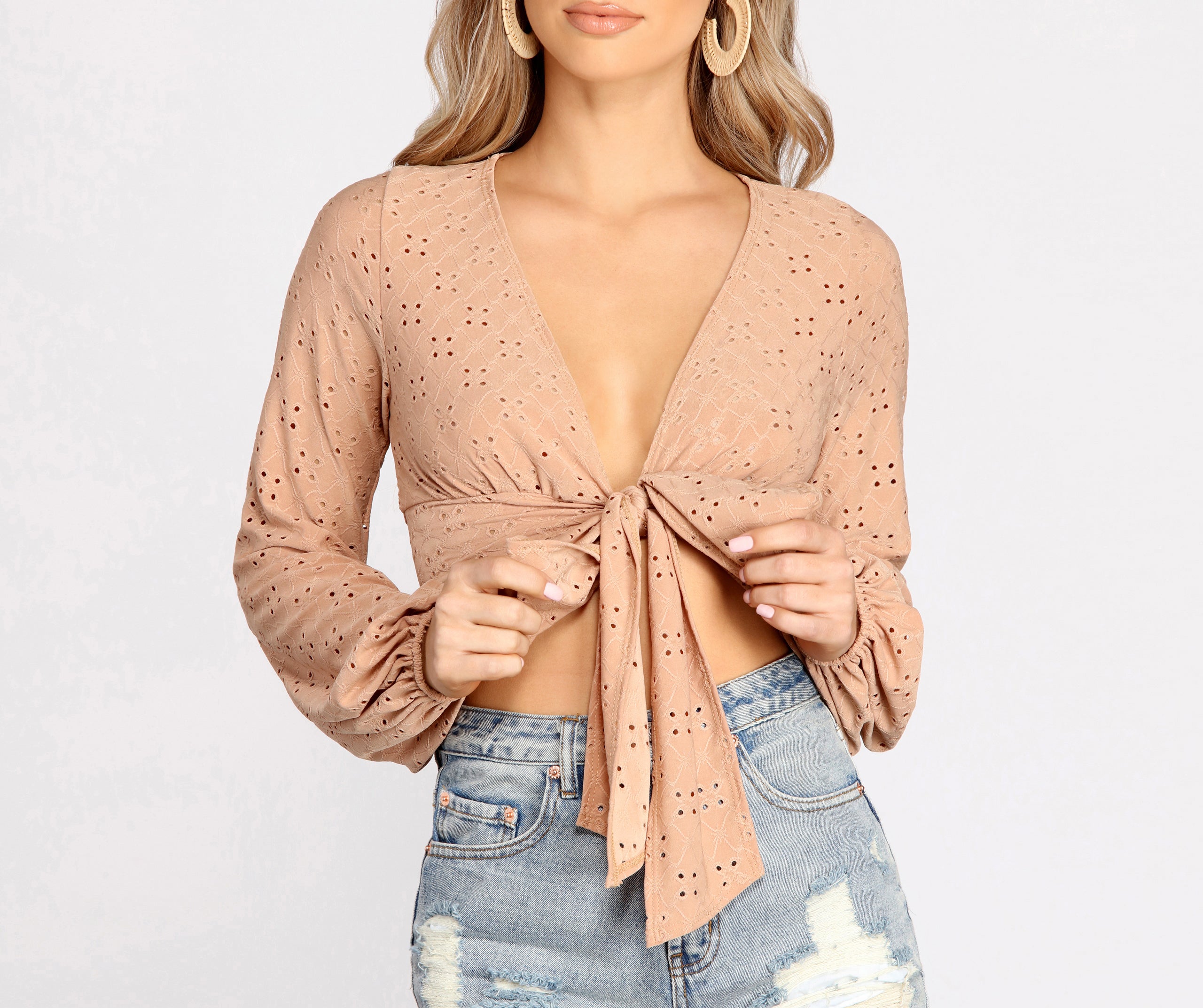 Sweeten The Deal Eyelet Tie Front Top