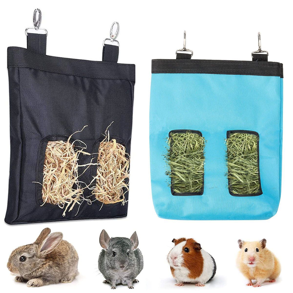 Deago 2 Pcs Guinea Pig Hay Feeder， Hanging Rabbit Hay Feeder Bag for Guinea Pigs Bunnies Chinchillas Hamsters Small Animals Hay Storage (Black)