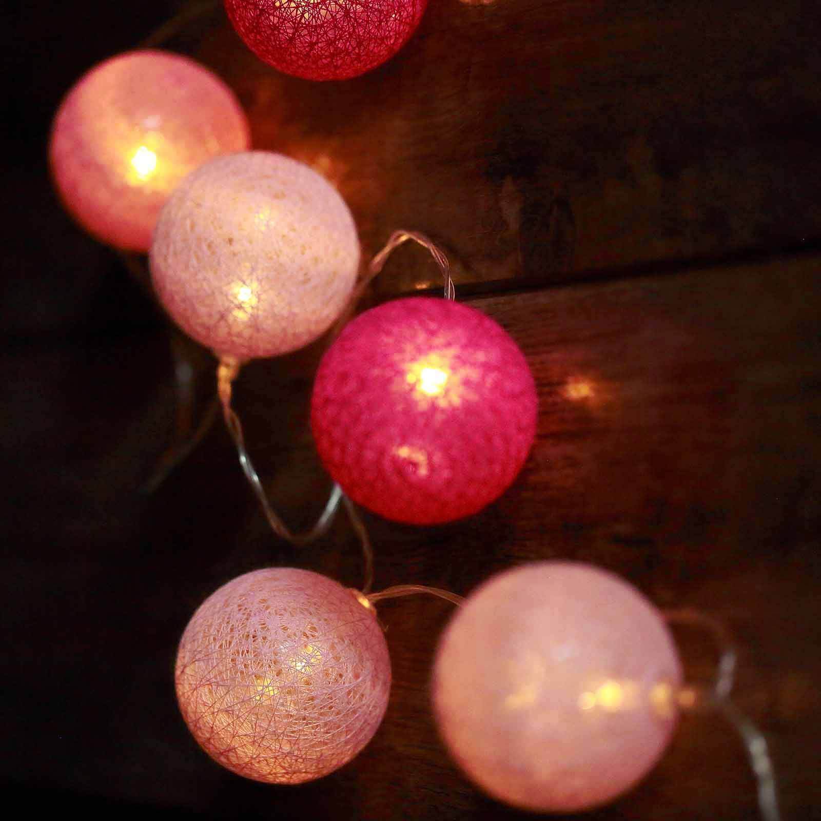 Pink Cotton Ball Battery Operated 20 LED String Light Garland, Warm White Light - Blush, Fuchsia, Pink 13ft