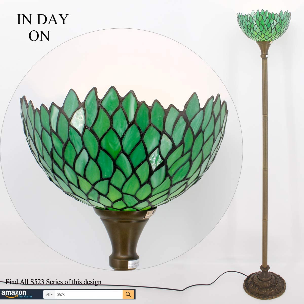 BBNBDMZ  Floor Lamp Green Wisteria Stained Glass Light 12X12X66 Inches Pole Torchiere Standing Corner Torch Uplight Decor Bedroom Living Room  Office S523 Series