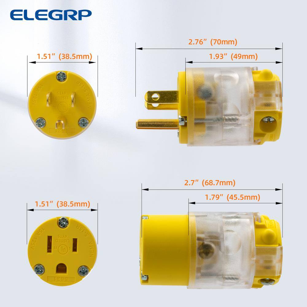 ELEGRP 15 Amp 125-Volt NEMA 5-15P5-15R Lighted Straight Blade Plug and Connector Set 2 Pole 3 Wire Grounding Yellow (10-Set) EPC31L-0710