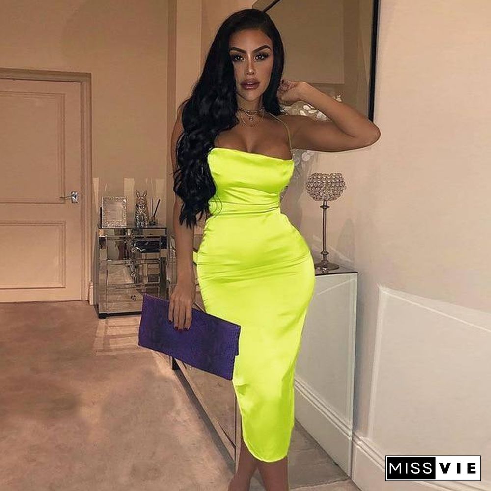 NewAsia women Satin long dress summer Green Elegant dresses woman party night sexy backless lace up Slim fit bodycon dress midi