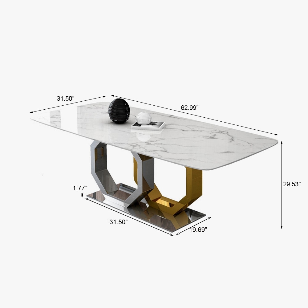 Jenpeg Modern White Marble Dining Table with Rectangular Tabletop  Golden Hexagonal Legged legs  Dining Room Table for 6  63\