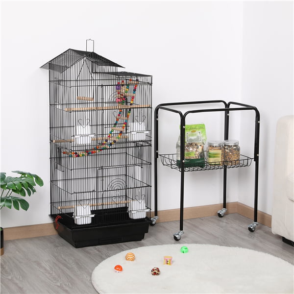 Topeakmart 62.4'' H Rolling Metal Bird Cage with Detachable Stand and Toys， Black