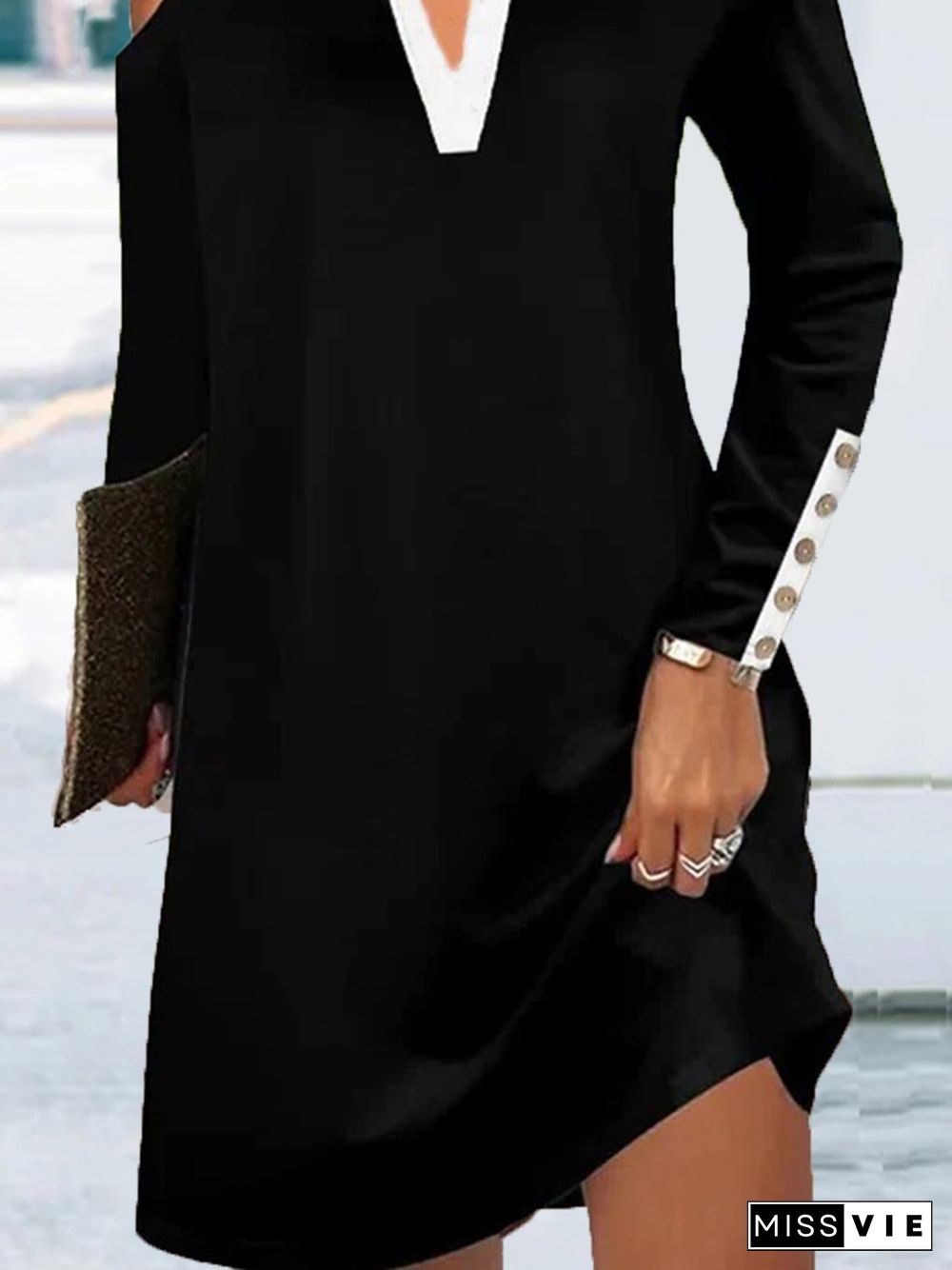 Casual Buttoned Loose Long Sleeve Plain Dresses