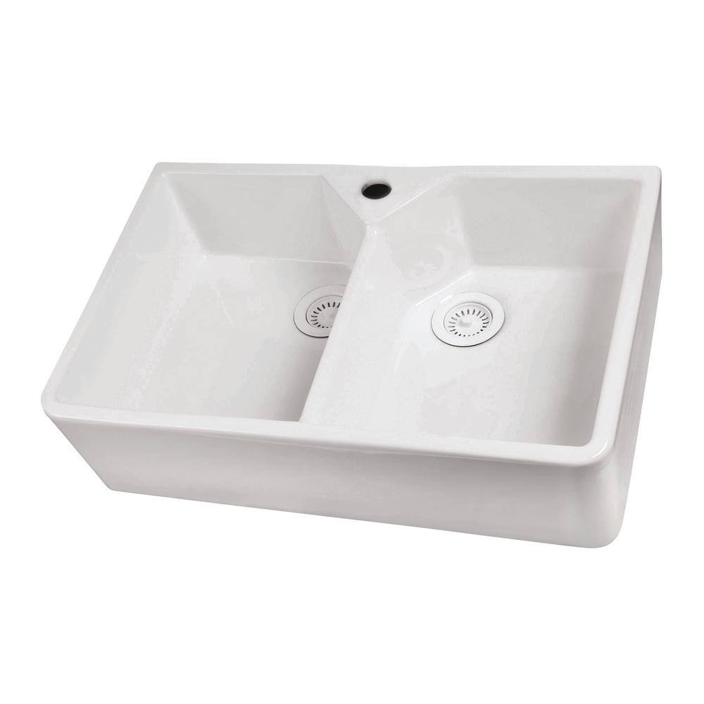 PRIVATE BRAND UNBRANDED Farmhouse Apron Front Fireclay 32 in. 1-Hole Double Bowl Kitchen Sink in White FS31-1