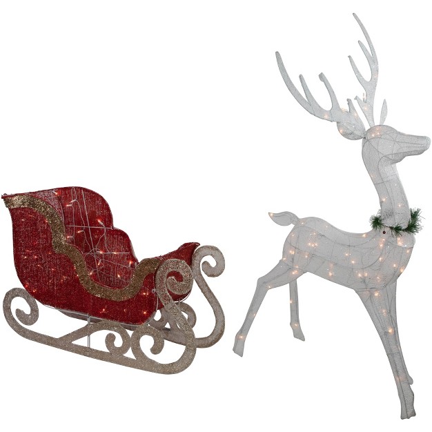 Lighted White Reindeer With Sleigh Christmas Decoration