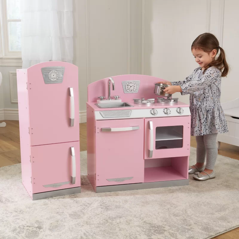 KidKraft Retro Wooden Play Kitchen and Refrigerator 2-Piece Set with Faucet， Sink， Burners and Working Knobs， Pink， Gift for Ages 3+