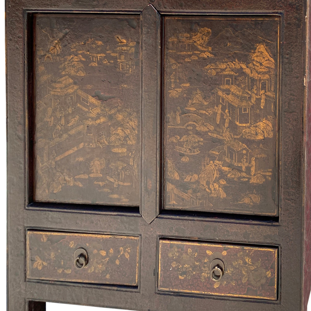 Distressed Brown Golden Nature Mountain Scenery Side Table Cabinet Hcs6140   Asian   Side Tables And End Tables   by Golden Lotus Antiques  Houzz