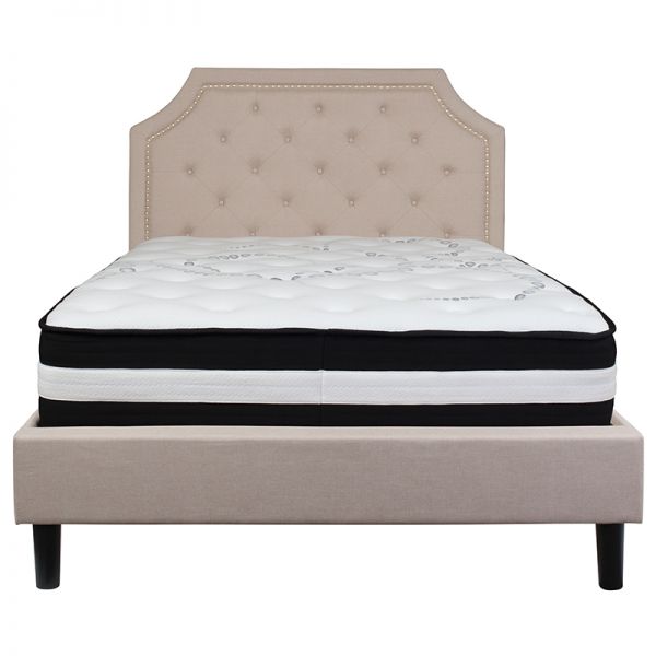 Brighton Full Size Tufted Upholstered Platform Bed in Beige Fabric with Pocket Spring Mattress