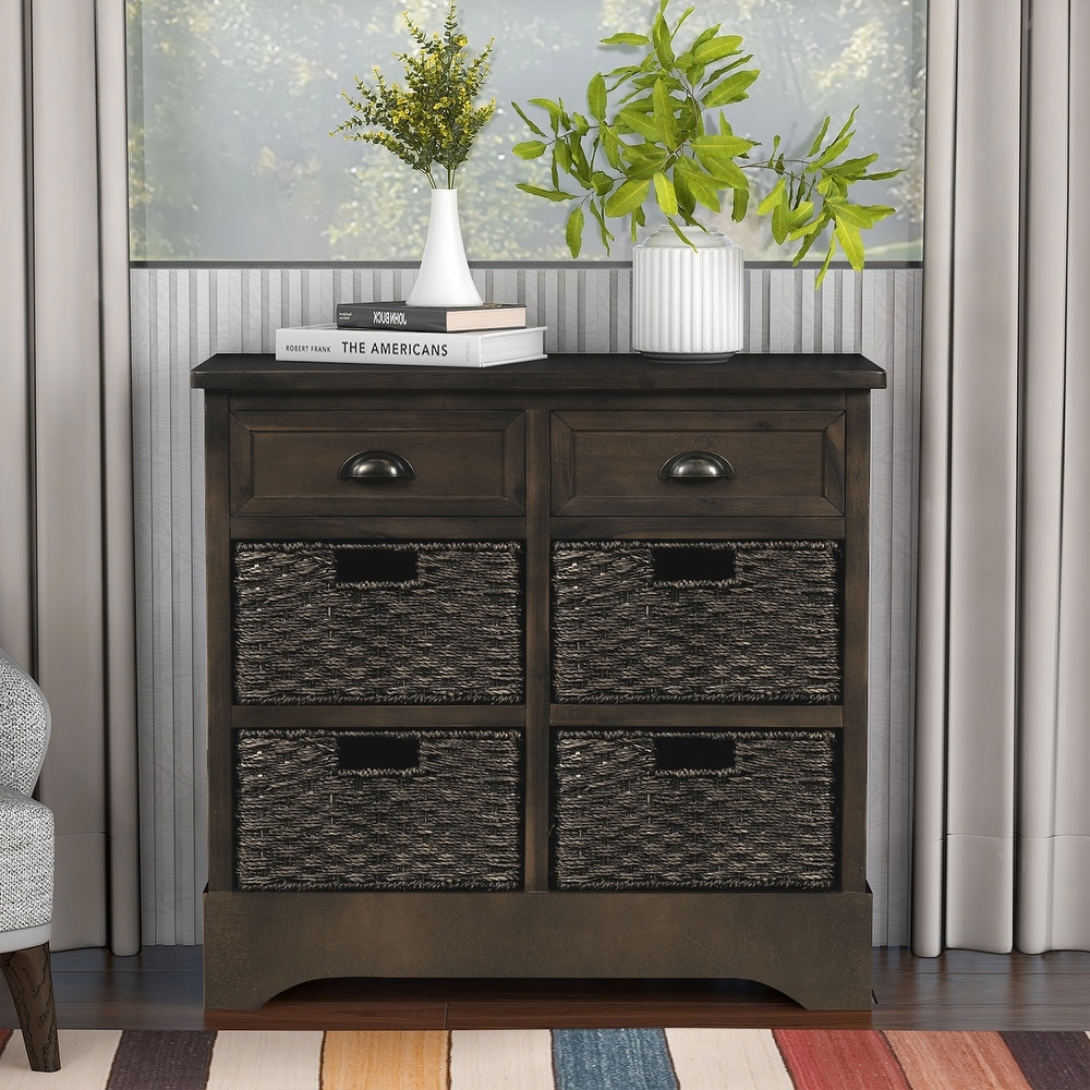 Rustic Storage Cabinet with 2 Drawers and 4 Classic Rattan Basket   28\