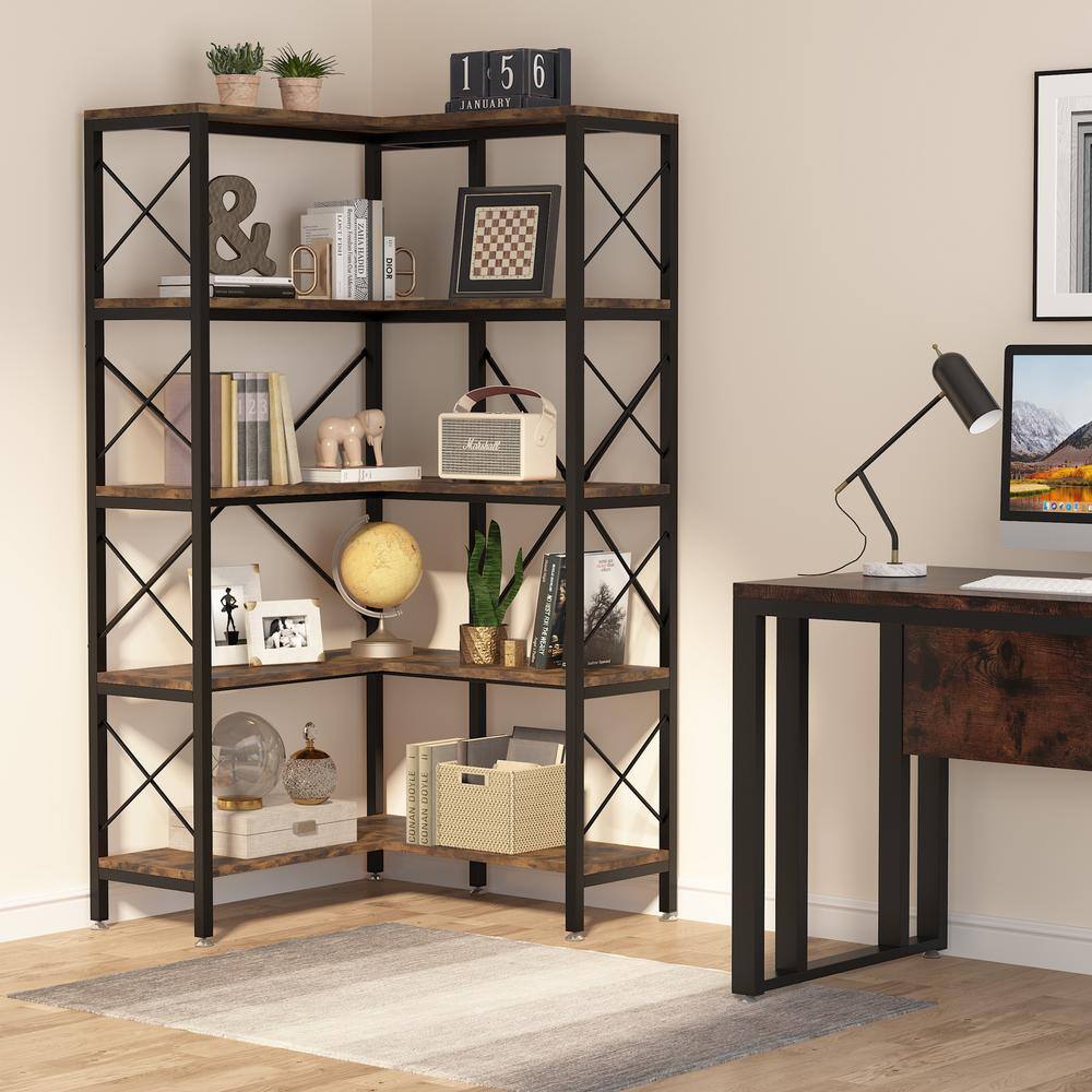 BYBLIGHT Eulas 65.74 in. BlackBrown Engineered Wood 5-Shelf Standard Corner Bookcase with Storage Display Rack for Living Room BB-JW0173XF