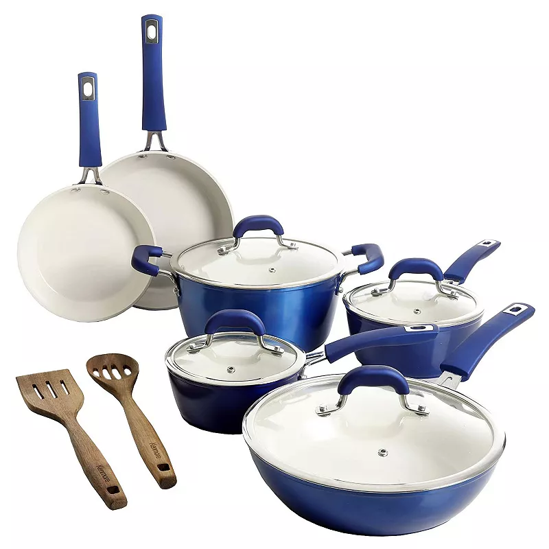 Kenmore Arlington 12 Piece Nonstick Ceramic Cookware and Accessory Set， Blue