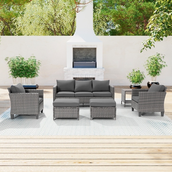 AOOLIMICS 6Pcs Patio Outdoor Furniture Gray Rattan Ottoman Seating Sofa Set