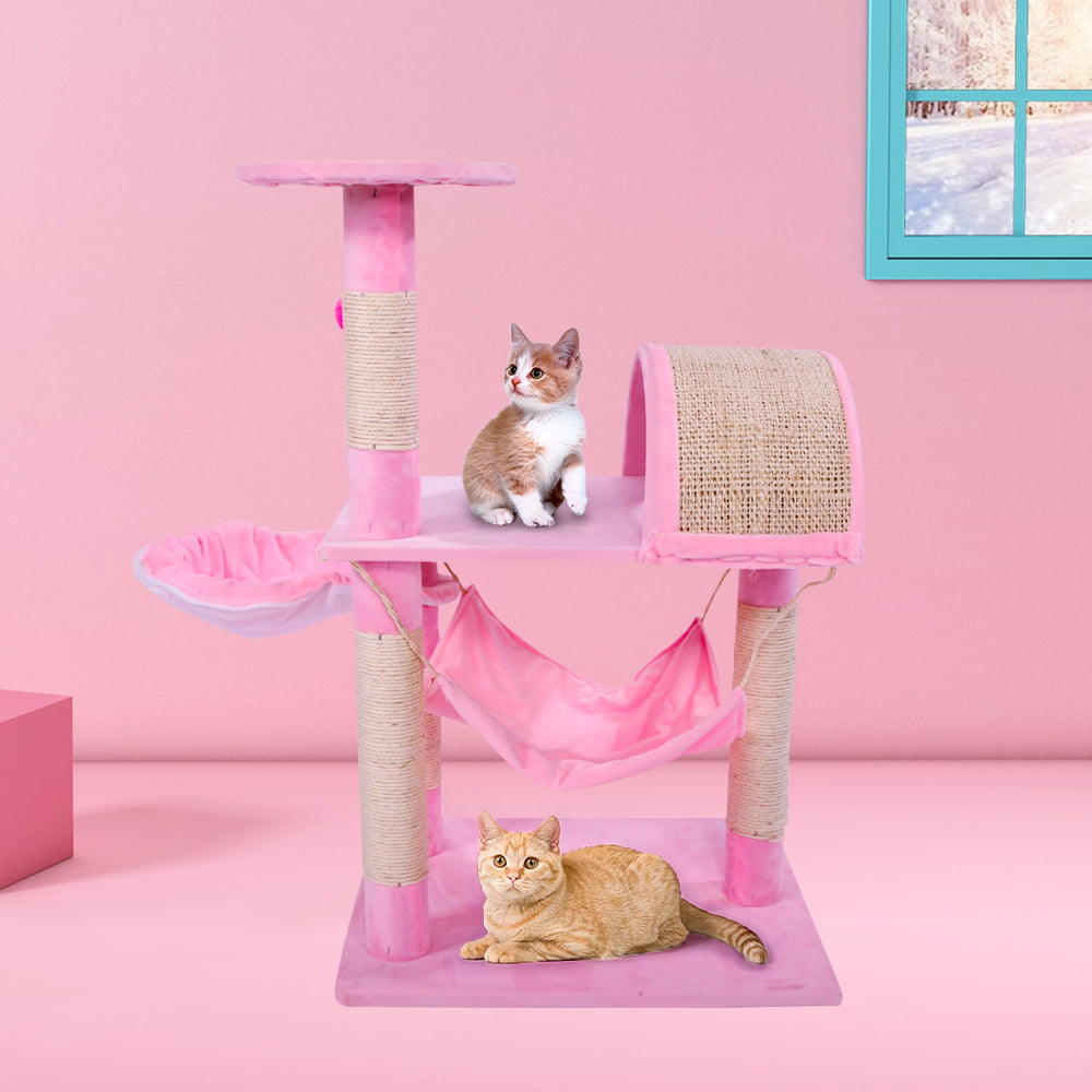 Lowestbest 32" Multi-Level Cat Activity Tree, Cute Sisal Play House Climber Activity Centre Cat Tower Stand Furniture with Scratching Posts Hammock Dangling Ball, Suit for Cats Pet, Pink