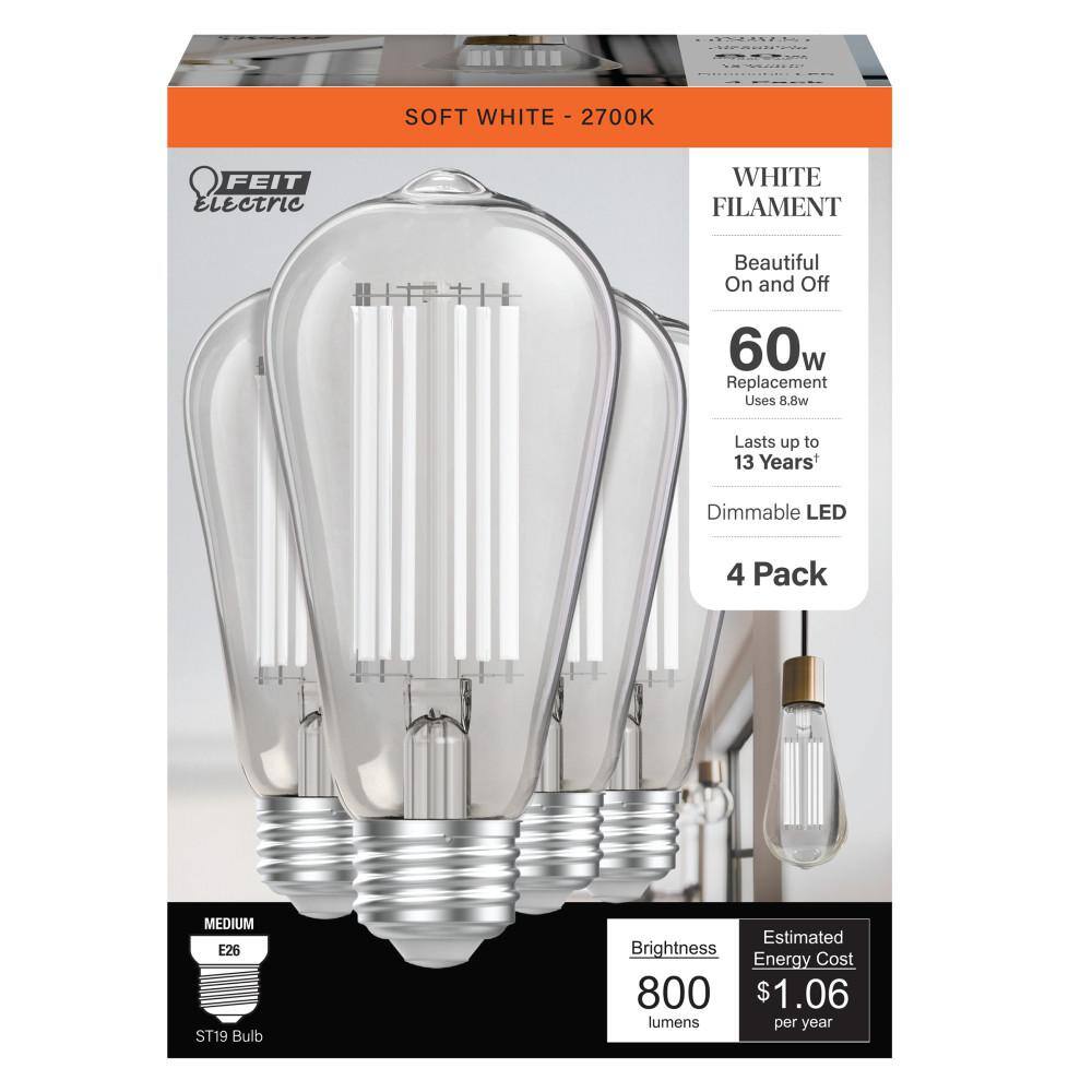 Feit Electric 60-Watt Equivalent ST19 Dimmable White Filament Clear Glass Vintage Edison LED Light Bulb Soft White 2700K (4-Pack) ST1960927CAWFILHDRP4