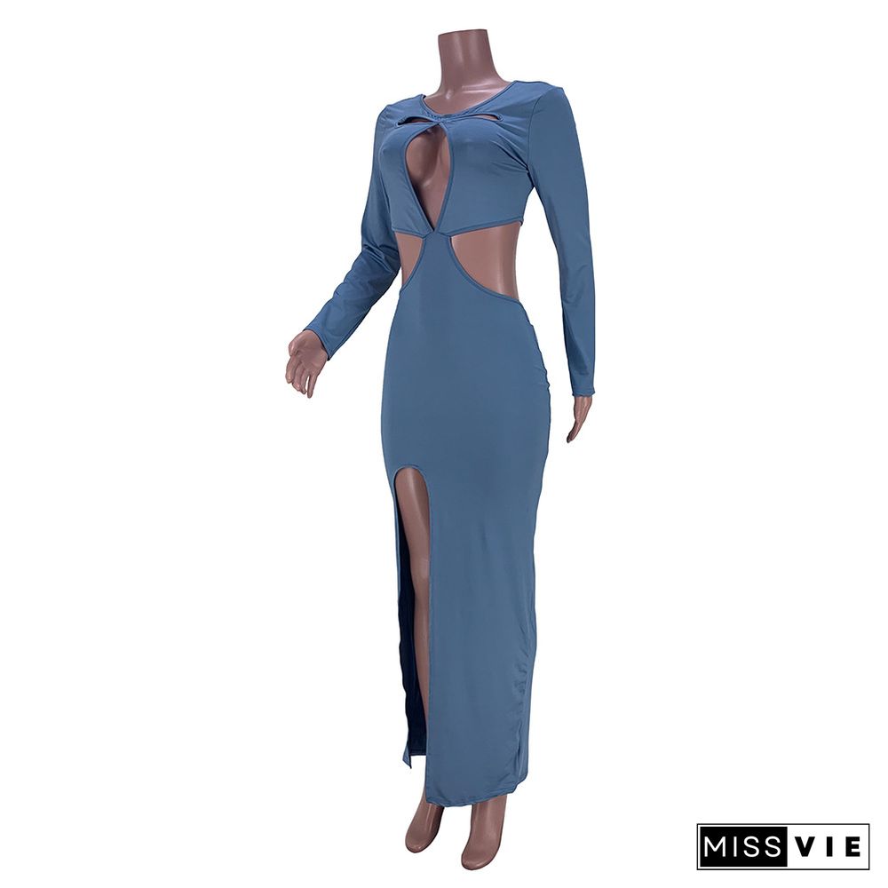 Sexy Cut Out Long Sleeve High Slit Maxi Dress