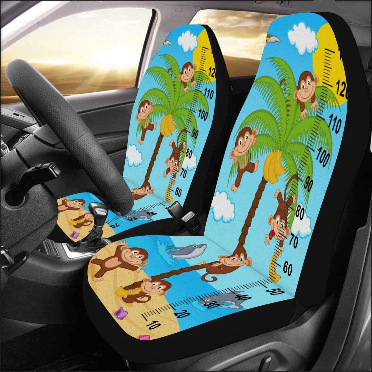 ZHANZZK Set of 2 Car Seat Covers Palm Tree Height Measure with Monkeys Universal Auto Front Seats Protector Fits for Car，SUV Sedan，Truck