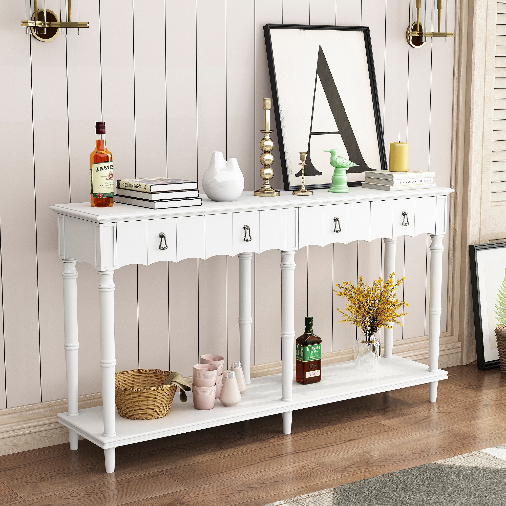 Country Console Table with 4 Front Facing Storage Drawers and 1 Shelf