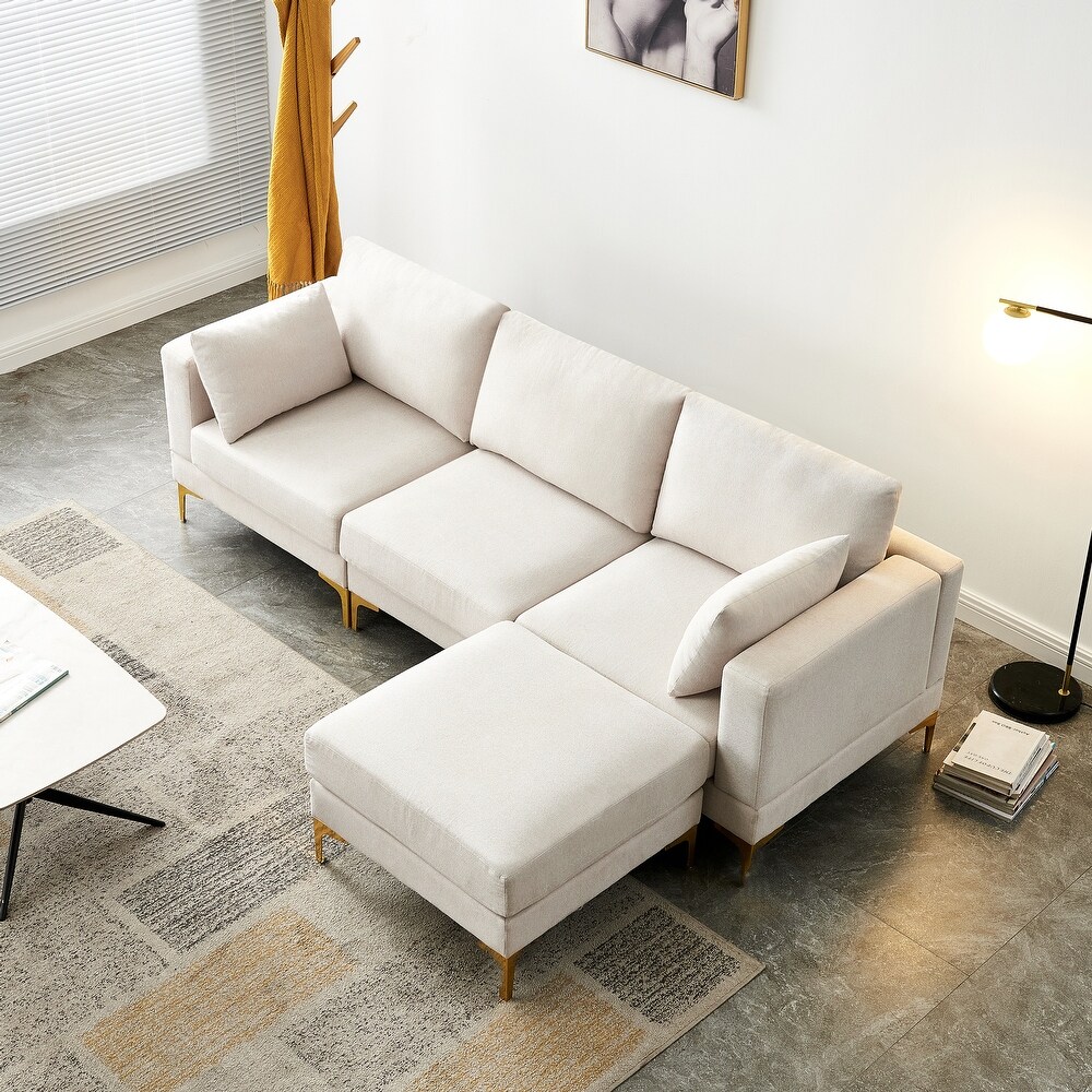 L shape Free Sectional Sofa Modern Leisure Comfortable Polyester Padded Three Seat Couch with Ottoman Included and Metal Leg