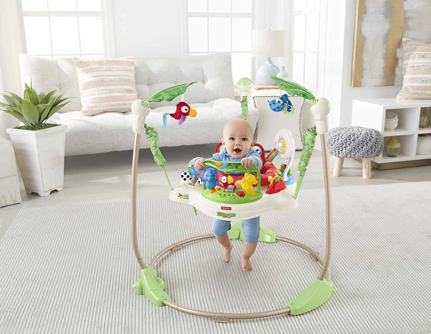 Fisher-Price Rainforest Jumperoo， freestanding baby activity center with lights， music， and toys