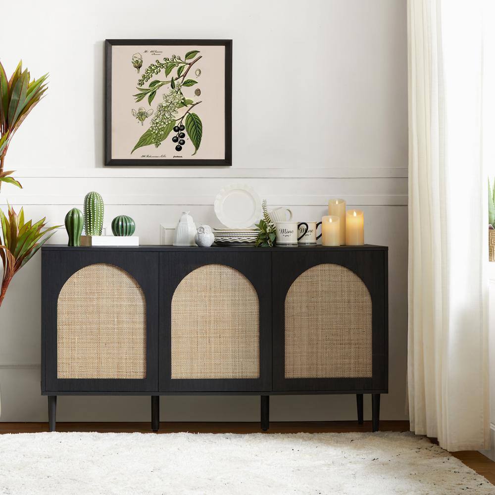 JAYDEN CREATION Mercury Contemporary 56 in. Wide Rattan 3-Doors Oak Storage Sideboard with adjustable legs and Shelves-Black TVSBSD0505-BLACK