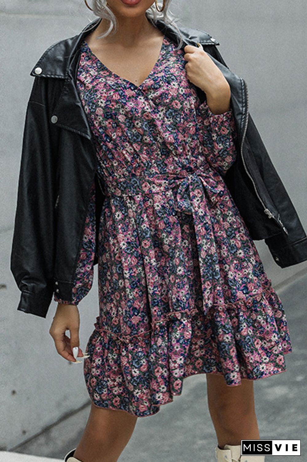 Waist Tie Tiered Floral Mini Dress