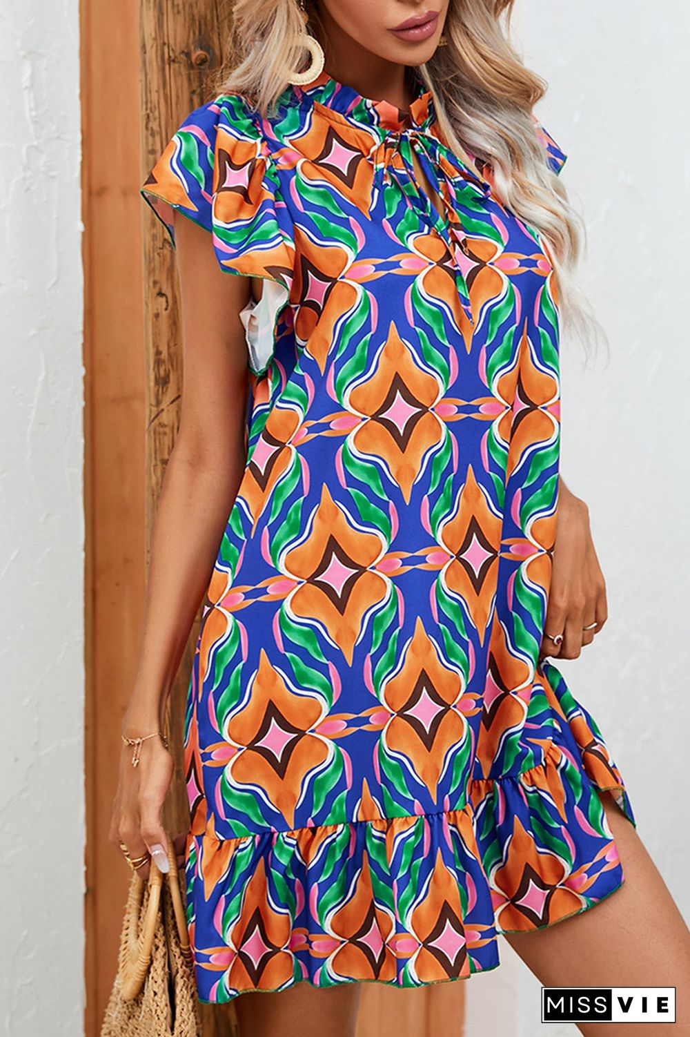 Frilled Split Collar Printed Ruffles Dress