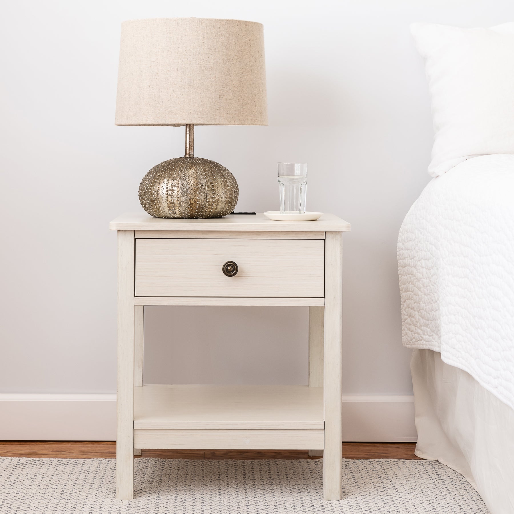 Traditional Rectangular End Table with AC Power and USB Charging Ports， White