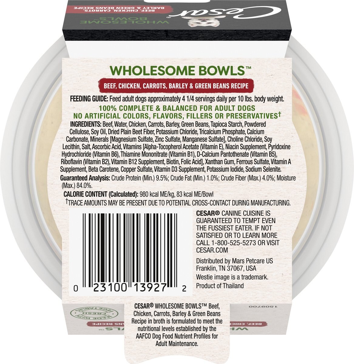 Cesar Wholesome Bowls Beef， Chicken， Carrots， Barley and Green Beans Recipe Adult Soft Wet Dog Food， 3-oz Bowl， Case of 10