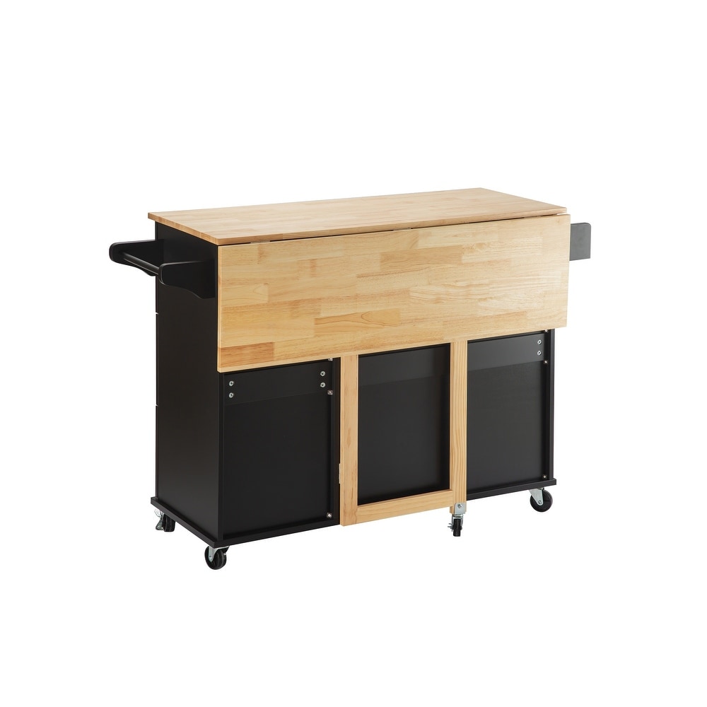 Kitchen Island with Extensible Rubber Wood Table Top Kitchen Cart with Storage Cabinet   Drawers for Dinning Room Black