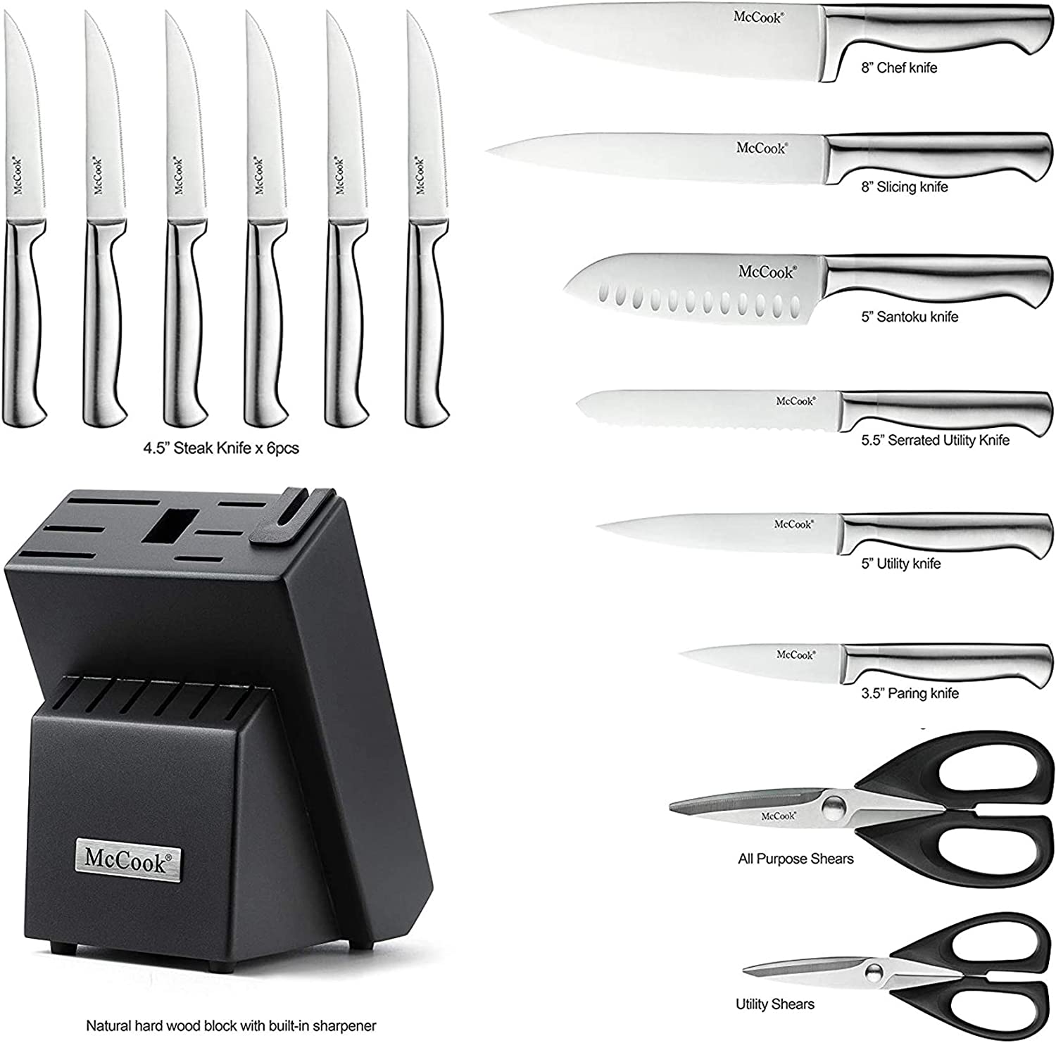 McCook® MC21 Knife Sets，15 Pieces German Stainless Steel Knife Block Sets with Built-in Sharpener