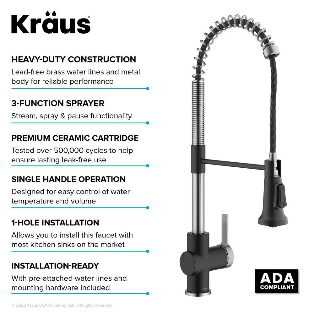 KRAUS Britt Commercial Style Pull-Down Single Handle Kitchen Faucet in Spot-Free Stainless SteelMatte Black KPF-1691SFSMB