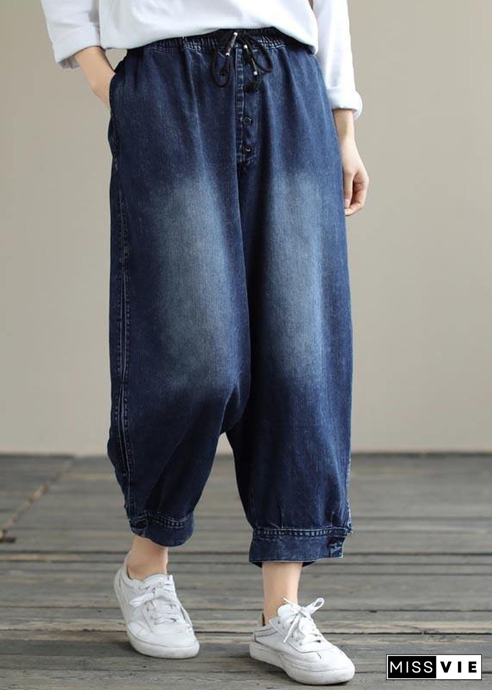 French Denim Blue Pants Plus Size Spring Elastic Waist Pockets Inspiration Women Pants