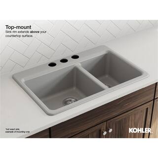 KOHLER Brookfield All-in-One Drop-In Cast Iron 33 in. Double Bowl Kitchen Sink in White with Simplice Kitchen Faucet K-596-CP-5846-1-0