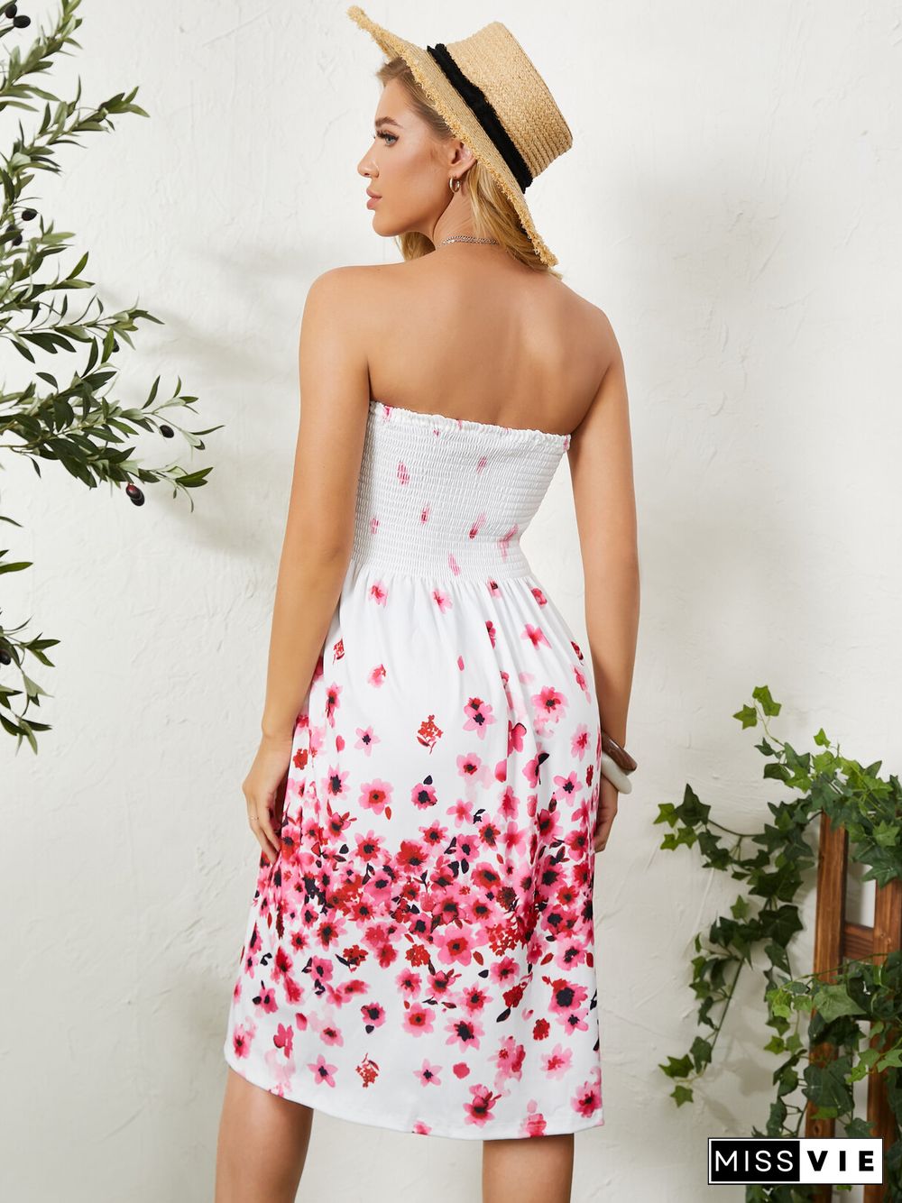 Random Floral Print Shirring Tube Top Sleeveless Mini Dress