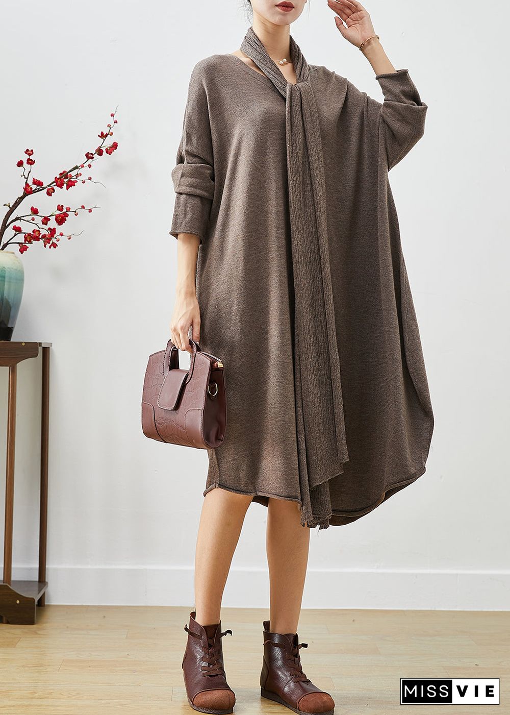 Coffee Loose Knit Maxi Dresses Button Down Complimentary Scarf Fall