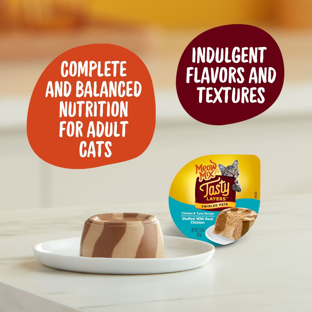 Meow Mix Tasty Layers Chicken and Tuna Recipe Stuffed with Real Chicken Swirled Paté Cat Food， 2.75-oz can， case of 12