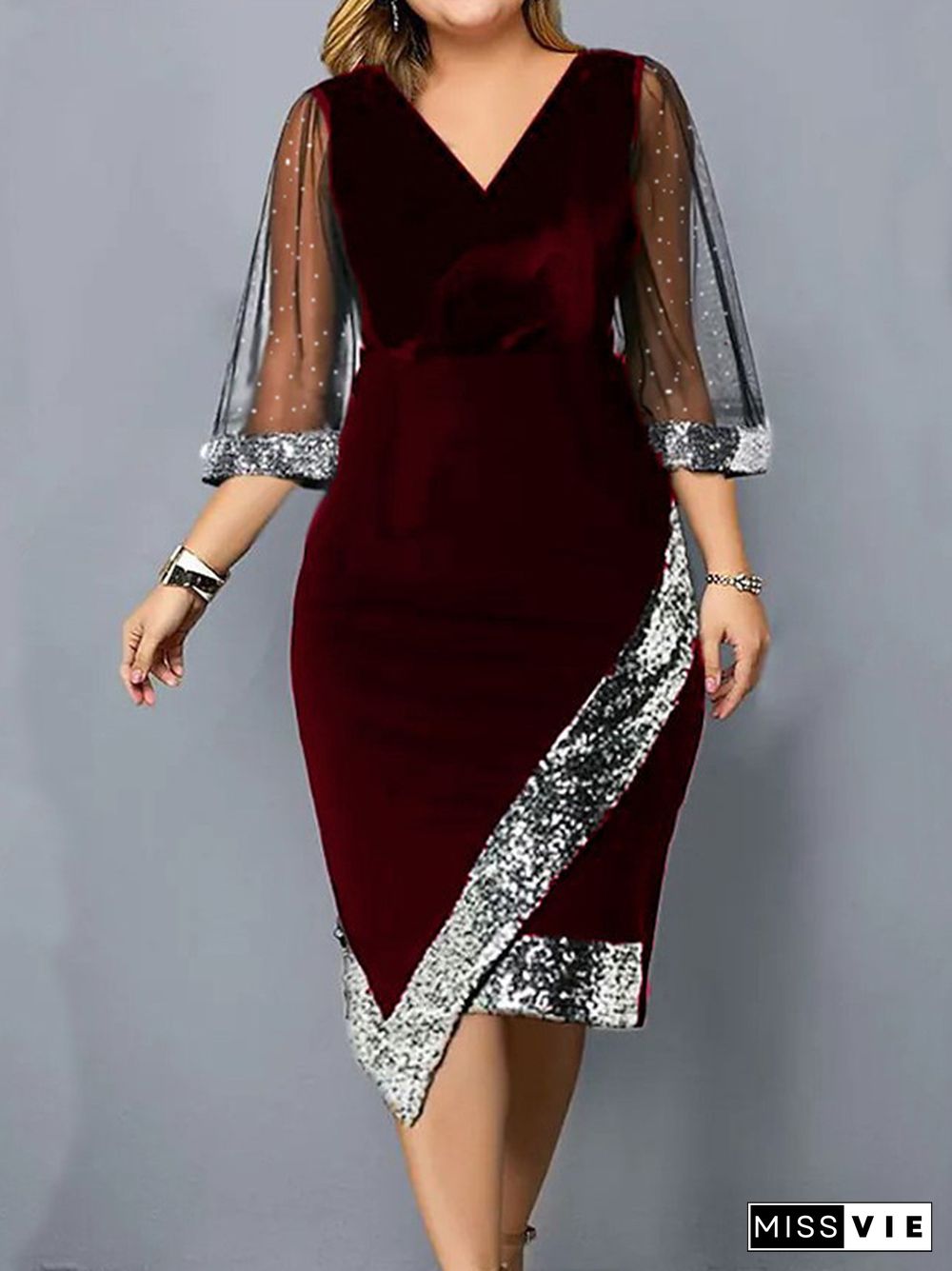 Bodycon Wrap Contrast Color Mesh Sequined Split-Joint V-Neck Midi Dresses