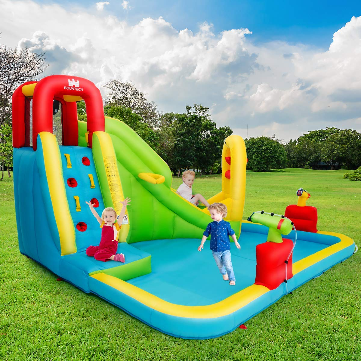 BOUNTECH 7-in-1 Giant Water Slide Bouncer Park with Tunnel & 2 Water Cannons