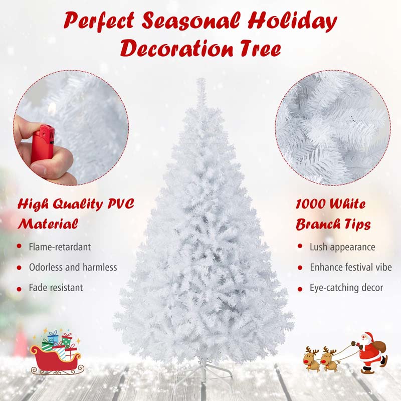 6/7.5/9FT White Hinged Artificial Christmas Tree, Premium Unlit Spruce Full Tree with Metal Stand